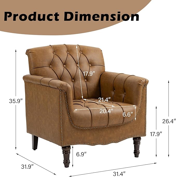 Lumibee Faux Leather Armchair Contemporary Accent Chair with Nailhead Trims &amp Wood Legs for Living Room Upholstered Comfy Arm Chair for OfficeBedroom-Camel