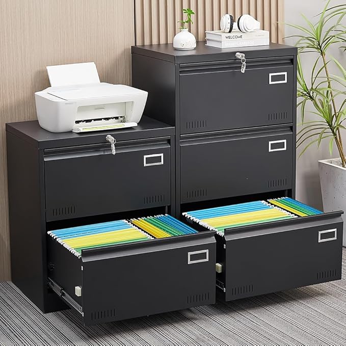 2 Drawer Metal Lateral File Cabinet with LockOffice Vertical Files Cabinet for Home Office/Legal/Letter/A4Locking Metal File CabinetAssembly Required (Blackwith 2 Drawer)