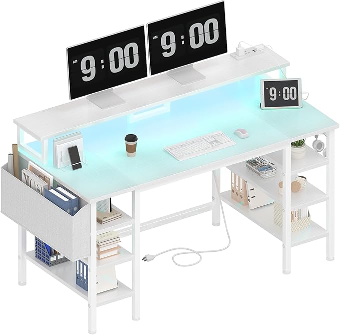 Lufeiya White Desk with Storage Shelves - 47 inch Home Office Gaming Desk with Monitor Stand Computer Desk with LED Lights and Power Outlets White