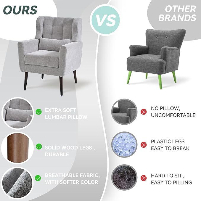 Modern Accent Chair Upholstered Armchair with Pillow Fabric Single Sofa Chair with Lounge Seat Solid Wood Legs Accent Chair for Living Room Bedroom Small Spaces (Grey)