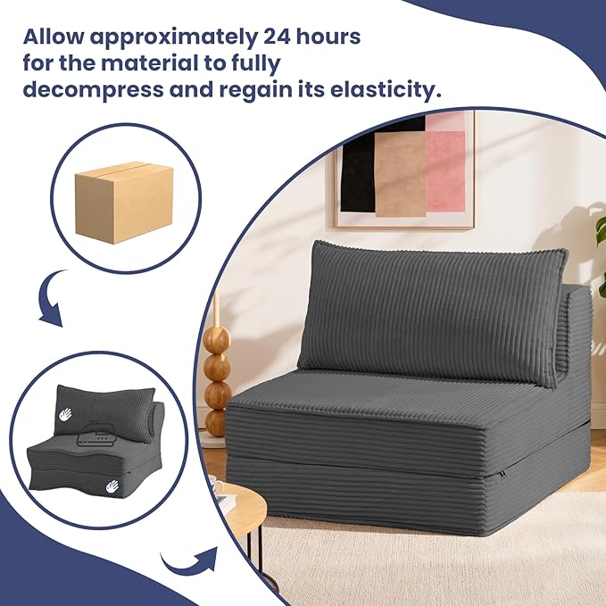 Folding Sofa Bed Convertible Sleeper Chair with PillowCorduroy Comfy Floor Futon for Living Room BedroomModern Accent Reading ChairNo Assembly RequiredGrey