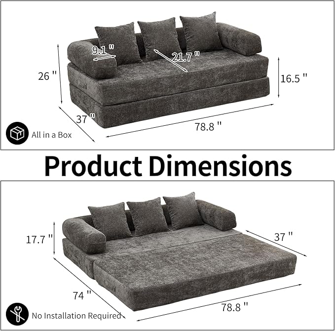 4 in-1 Folding Convertible Sofa Bed78.8 Folding Floor Mattress Couch Comfy Chenille Boneless Couch Lounge Loveseat with Pull Out Bed No Assembly (Light Grey)
