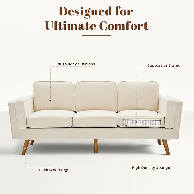 Kingfun 83 Chenille Sofa 3 Seater Couch with Deep Seats Mid Century Modern Upholstered Couches with Dual-Layer Armrests for Living Room &amp Bedroom Beige
