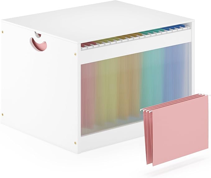 Hanging File Box Organizer for Letter Size Bamboo Acrylic File Folder Storage with Lid Clear Moving Boxes Wooden with Handle Desktop Wood Filing Holder for Office Banker Document White 1 Pack