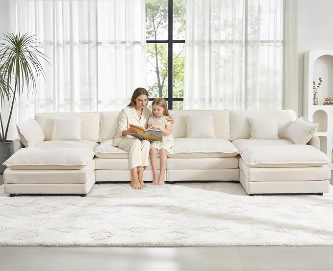 Oversized Modular Sectional Sofa Large U Shaped Couch with Deep Seat Chenille Cloud Couches for Living Room Convertible 6 Seater Sectional Sofa for Spacious Space Beige White