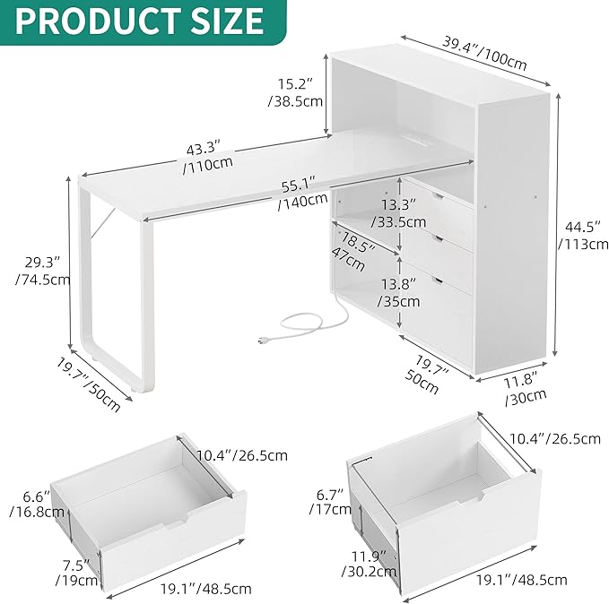 YITAHOME L Shaped Desk with Power Outlets 55 Computer Desk with Drawers &amp Bookshelf Home Office Desk with LED Lights Corner Desk with File Cabinet White
