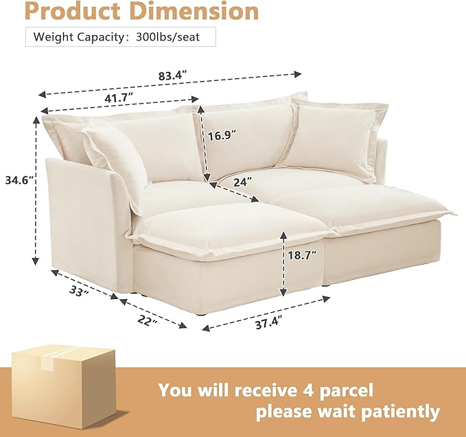 Aoowow Oversized Modular Sectional Sofa83.4”Corduroy 2-Seat Sofa Couch with 2 Movable Ottomans Upholstered Deep Seat Couches with Big Toss Pillows for Living Room Apartment OfficeCream-Chenille
