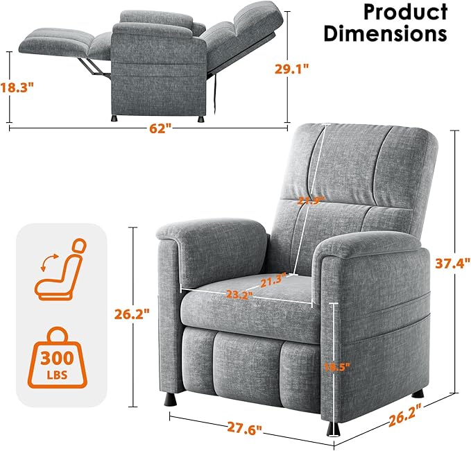 Pipishell Power Recliner Chair for AdultsElectric Recliner with Remote Adjustable Recline/Footrest Chenille FabricThick Seat Cushion Small Recliner for Living Room Home Theater Grey