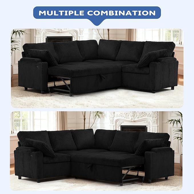 85 Corduroy Reversible Sectional Sofa w/Pull Out Bed Upholstery L Shaped Couch w/Storage Armrests &amp Cup Holders Modern Corner Sofa w/USB Charging Port &amp Throw Pillow for Living Room Black