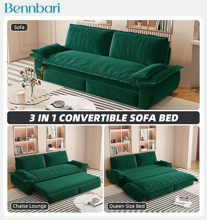 73.2 Queen Size Pull Out Sofa Bed 3-in-1 Velvet Convertible Sleeper Loveseat for Living Room Apartment Bedroom &amp Small Spaces (Green)