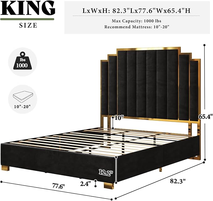 AMERLIFE King Size Upholstered Bed Modern Velvet Bed Frame with 65.4” Tall Gold Trim Headboard No Box Spring Needed Black