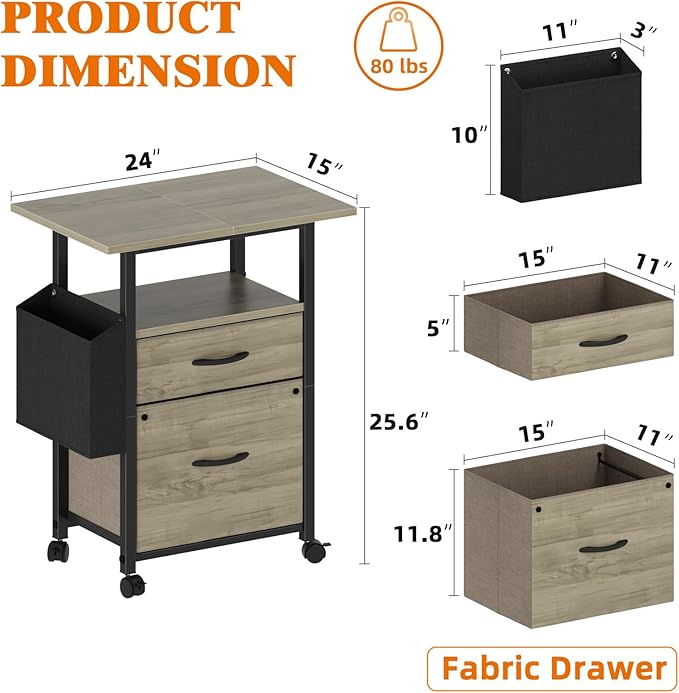 GYIIYUO 2 Drawer File Cabinet with 24'' Extended Desktop Mobile Filing Cabinet Rolling File Cabinet with Side Bag Fabric Drawer Fits A4/Letter Size Printer Stand Home Office Oak Grey