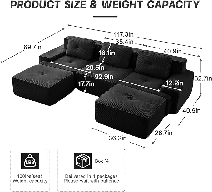 Boneless Couch Modular Sectional Sofa 117 Modern Cloud Couch with Deep Seat Comfy Corduroy U Shaped Sectional Couches for Living Room 3 Seater Tufted Floor Sofa with Movable Ottoman Black