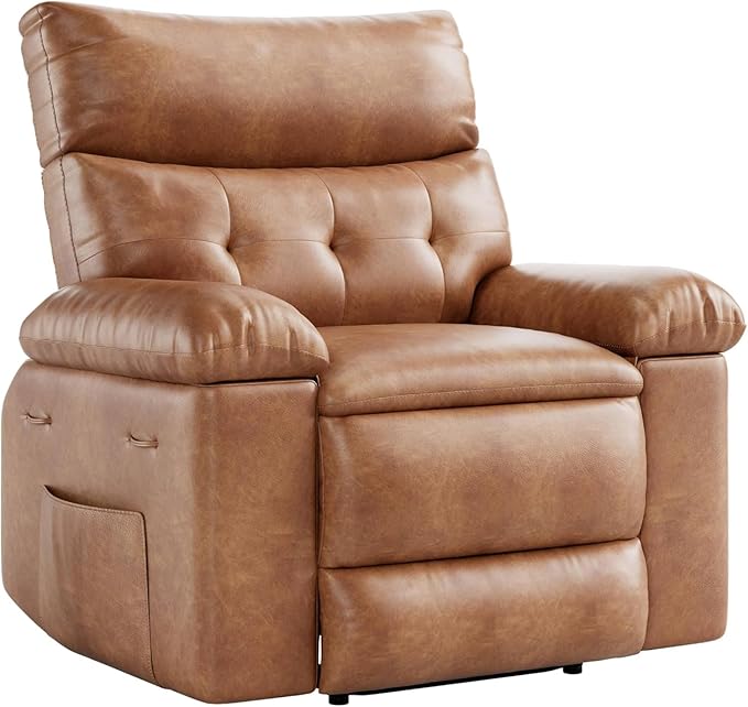 Regular Manual Recliner Chair for Adults PU Leather Comfy Reclining Chair with Overstuffed Arms &amp Back Side Pocket Modern Single Sofa for Living Room Bedroom Vintage