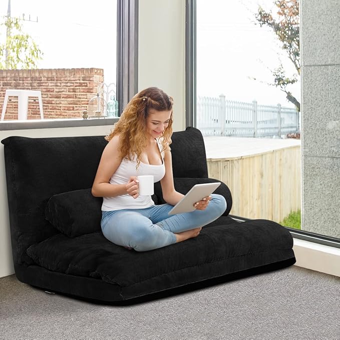 Giantex Adjustable Floor Sofa Couch with 2 Pillows Multi-Functional 6-Position Foldable Lazy Sofa Sleeper Bed Multi-Functional Suede Floor Seating for Reading Gaming (Black)