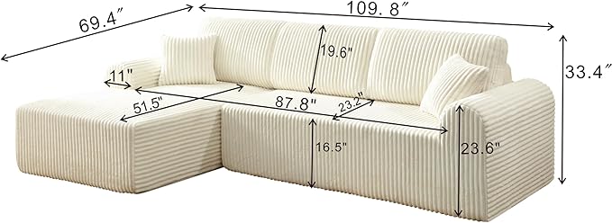 109-Inch L-Shaped Left Facing Boneless Corner Sofa 2 PCS Modular Sectional Cloud Sofa Couch with Chaise Lounge and Toss Pillow Corduroy Boneless L-Shaped Couches