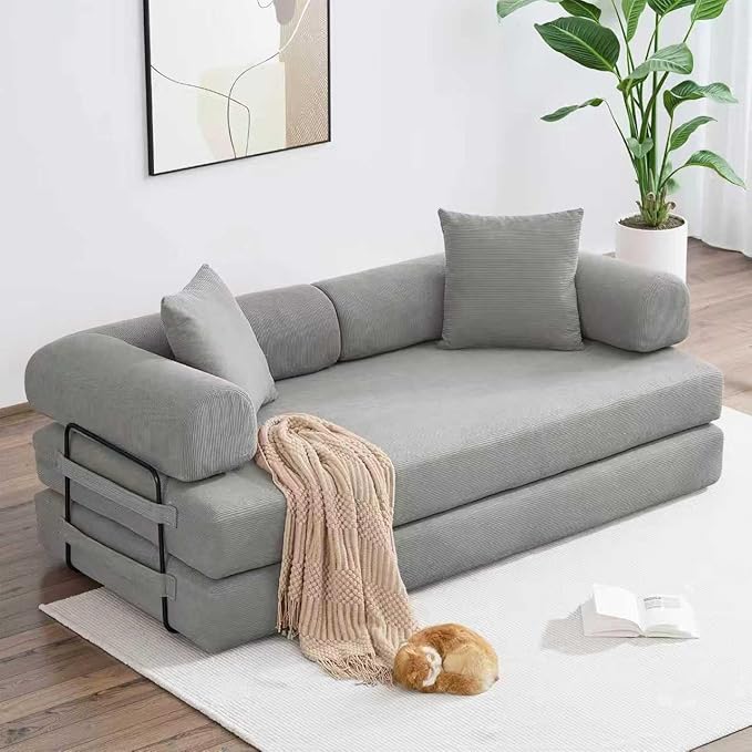 79 Inch Convertible Sleeper Sofa Bed 5 in-1 Boneless Floor Couch Bed with Fixed-Shape Frame Modular Floor Sofa Futon Couch for Living Room RV Studio Bedroom Small Spaces Grey