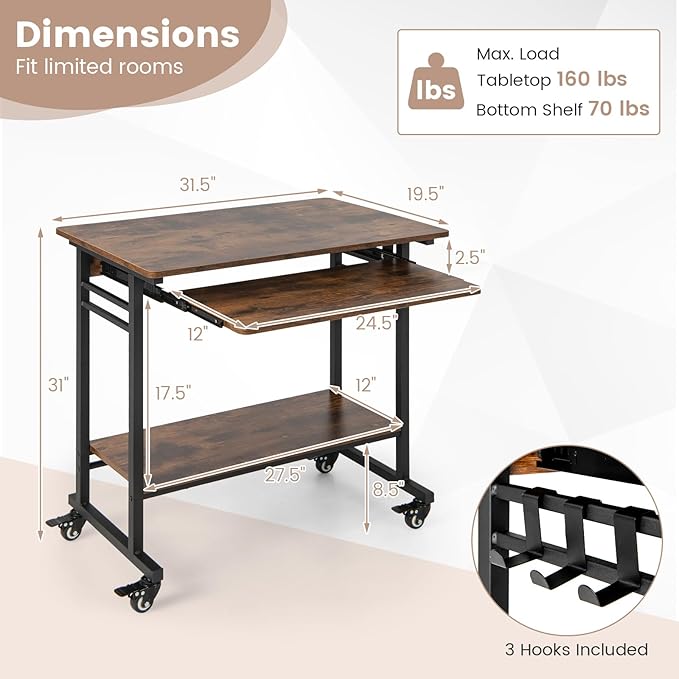 Portable Computer Desk Rolling Laptop Cart with Shelf &amp Hooks Small Home Office Desk for Small Spaces Study Table with Wheels
