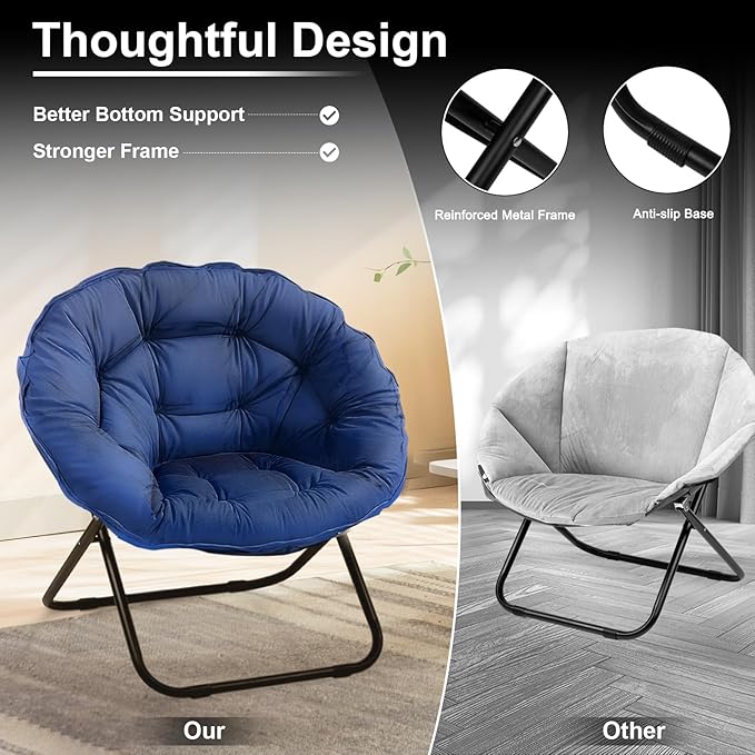 Folding Saucer Chairs for Living Room Circle Chairs with Faux Fur Moon Saucer Chairs for Adults Dorm Reading (Blue)