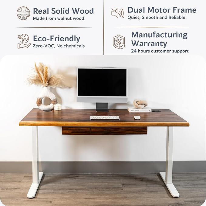 Standing Desk with Drawer – Walnut Solid Wood Desk Natural Live Edge Adjustable Height Dual Motor Sit Stand for Home Office (White W48 x D27)