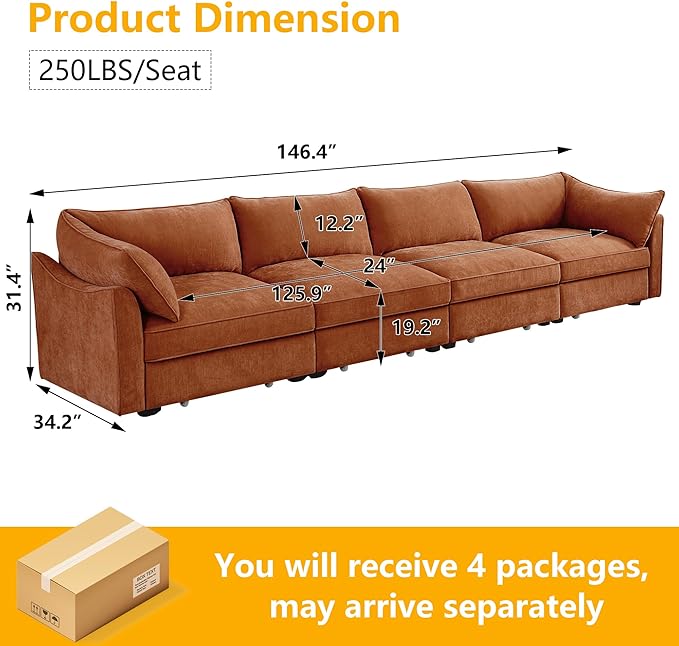 Aoowow Modular Sectional Sofa with Pullout Storage Seat 146.4” Chenille Comfy 4-Seat Sofa Couch Upholstered Deep Seat Couches with Armrests for Living Room Apartment OfficeOrange