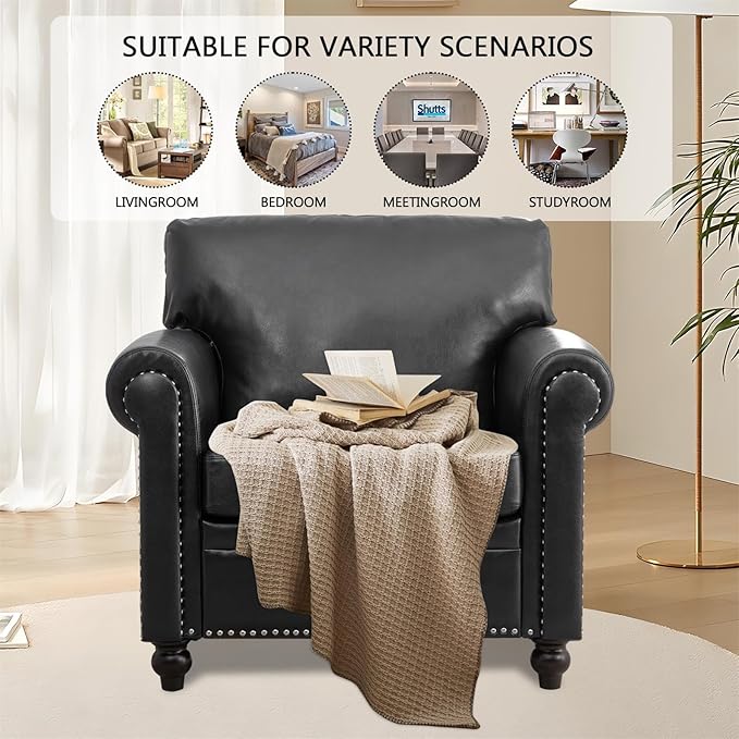 Black Faux Leather Accent Sofa Chair with Rivet Rolled Arm Modern Mid Century Wingback Club Chair for Living Room Apartment Office Easy Assembly (Black PU One Chair)