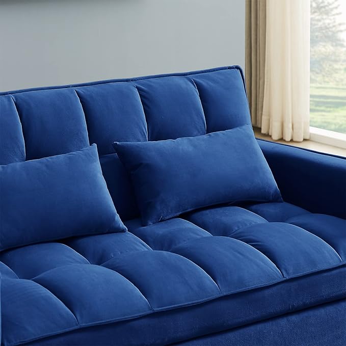 Sleeper Sofa Couch w/Pull Out Bed 55 Modern Velvet Convertible Sleeper Sofa Bed Small Love seat Sofa Bed with 2 Pillows &amp Side Pockets for Small Space Living Room Apartment Blue