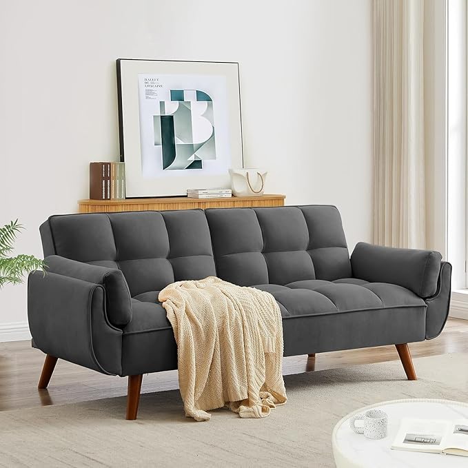 Convertible Futon Sofa Bed Modern Futon Couch with 2 Pillows Small Futons Couch with Adjustable Armrest &amp Backrest Loveseat Sofa Bed for Living Room Bedroom Deep Gray