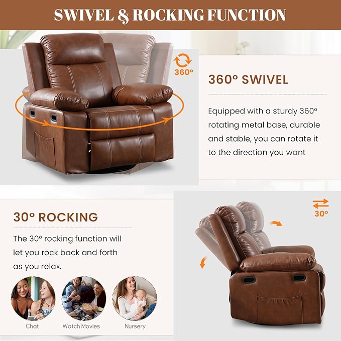 Massage Recliner Chair for Adults 360 Swivel &amp Rocker with Heat &amp Vibration Brown PU Leather Glider Reclining Chair for Home Theater Living Room Lounge Nursery