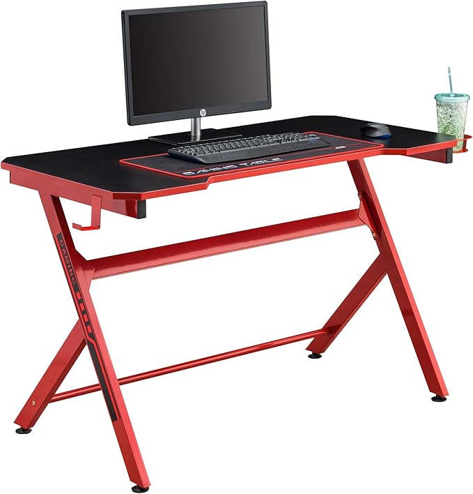 JJS 48 Home Office Gaming Computer Desk R Shaped Large Gamer Workstation PC Table with Cup Holder Headphone Hook Free Mouse pad Black/Red