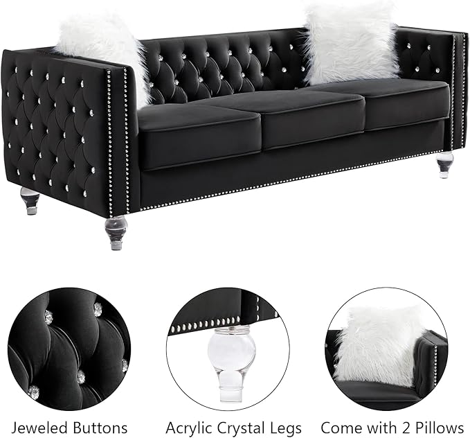 Mikibama Velvet 3 Seater Sofa Couch with Buttons and Square Arms 83.07 Inch Tufted 3-seat Sofas with Trimmed Nailhead and Acrylic Legs Modern Couches for Living RoomBedroom (Black-crystal Legs Sofa)