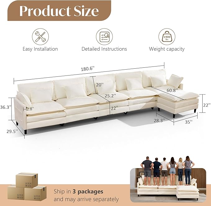 SAMERY 180.6 L Shaped Couch Cloud Sofa Modular Sectional Couch with Large Ottoman 5 Seater Chenille Oversized Deep Seat Sectional Sofa with Pillows for Living Room Bedroom Apartment