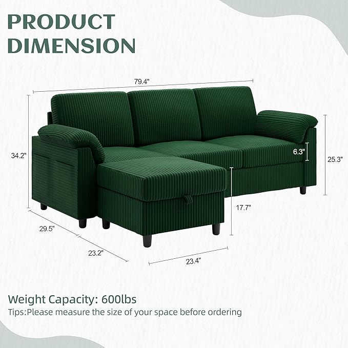 Vongrasig Convertible Sectional Couch 3 Seat L Shaped Sofa with Removable Pillows Linen Fabric Small Modern Couch Mid Century for Living Room Apartment and Office Green