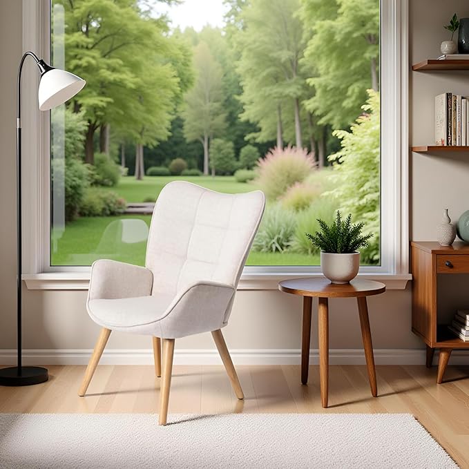 FurnitureR Upholstered Tufted Wingback Chair Fabric Living Room Leisure Chair Comfortable Stylish with Solid Wood Legs Accent Armchairs High Back Ergonomic for Bedroom/Lounge Beige/Oak