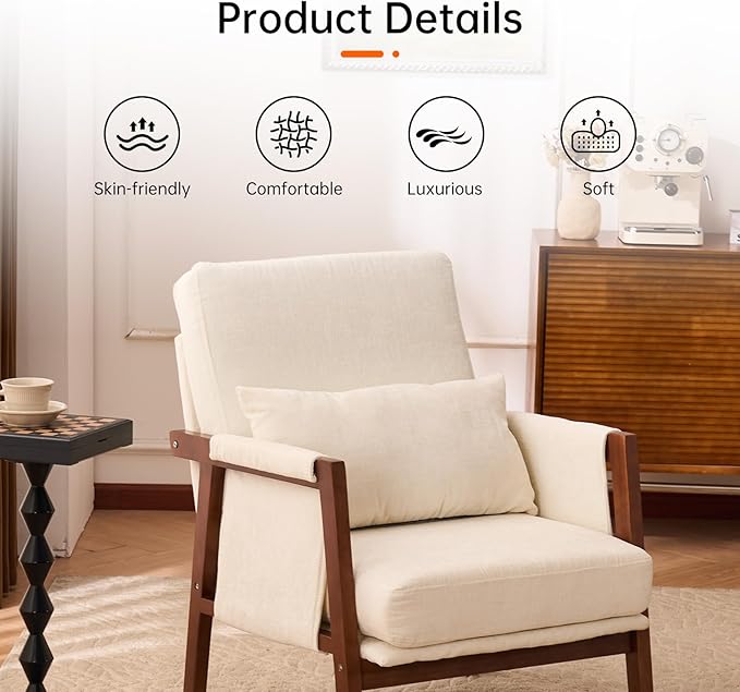 Accent Chairs Set of 2 Mid-Century Modern with Lumbar Support Pillow Upholstered Living Room Chairs with Wooden Chenille Armchair with Cushion Anthropologie Side Chair for Bedroom Beige