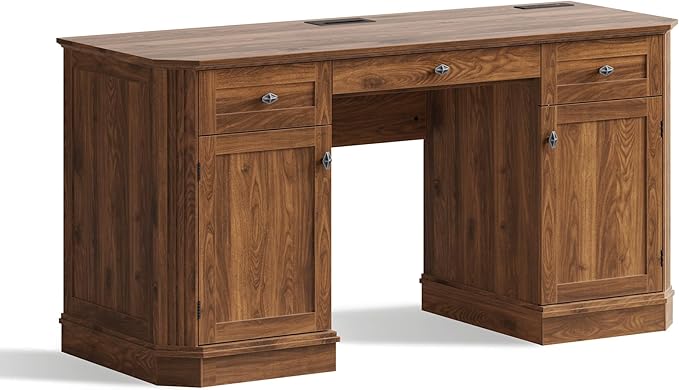 59 Classic Executive Desk with Storage Victorian Executive Desk with Charging Station Keyboard Tray 3 Drawers &amp 2 Cabinet Storage &amp 2 Pedestals Easy Assembly Dark Walnut