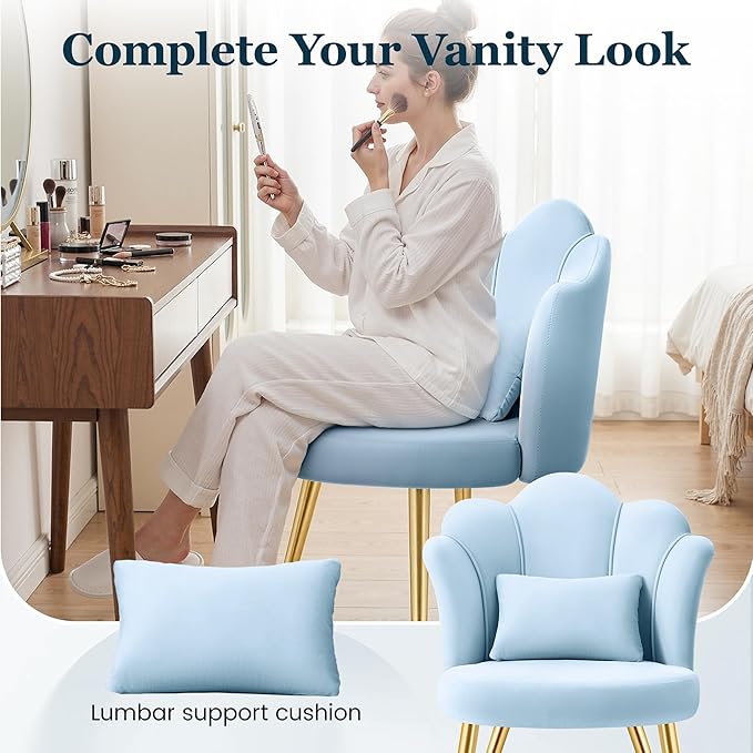 Petal Makeup Vanity Chair with Back Flower Chair Comfy No Wheels for Girls Women Makeup Chair with Golden Metal Legs &amp Lumbar Pillow for Living Room/Makeup Room/Bedroom/Home Office - Blue