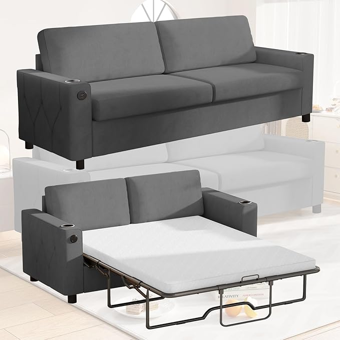 80'' Pull Out Sofa Bed 2 in 1 Sleeper Sofa with Cup Holder &amp USB Charging Ports Queen Size Guest Bed with Memory Foam Mattress Convertible Couch for Small Spaces - Dark Grey