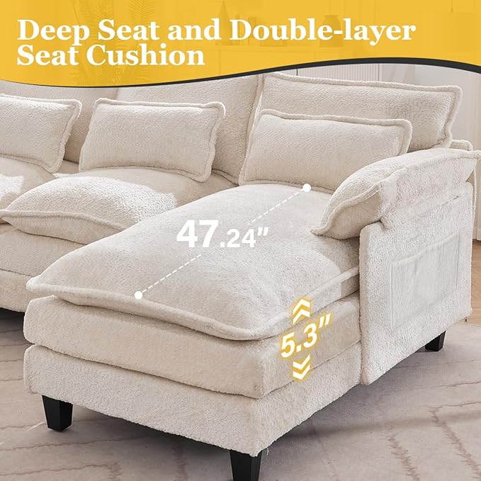 110 U Shaped CouchModular Sectional Sofa with 4 Waist PillowsSleeper Deep Seat Couch with Double Chaise Lounge &amp Memory Foam for Living Room