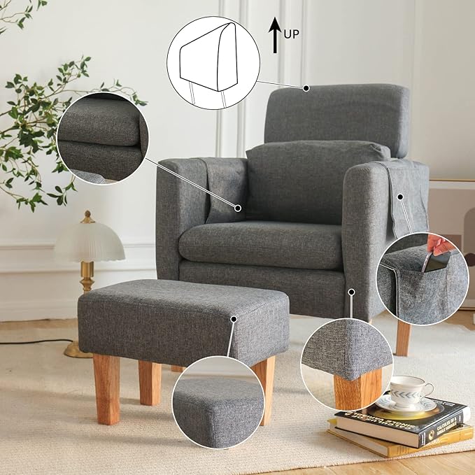 TAKUKA Modern Accent Chair with Ottoman SetComfy Fabric Armchair with Footrest Upholstered Chair with Side Pocket Soft Reading Lounge Chair for Living RoomBedroomOffice(Dark Grey)