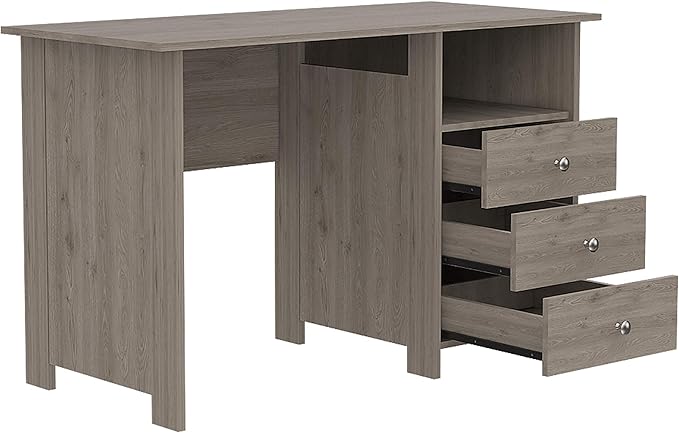 Compact Corner Desk | Open Shelf &amp 3 Drawers | Light Gray | Home Office | Workstation