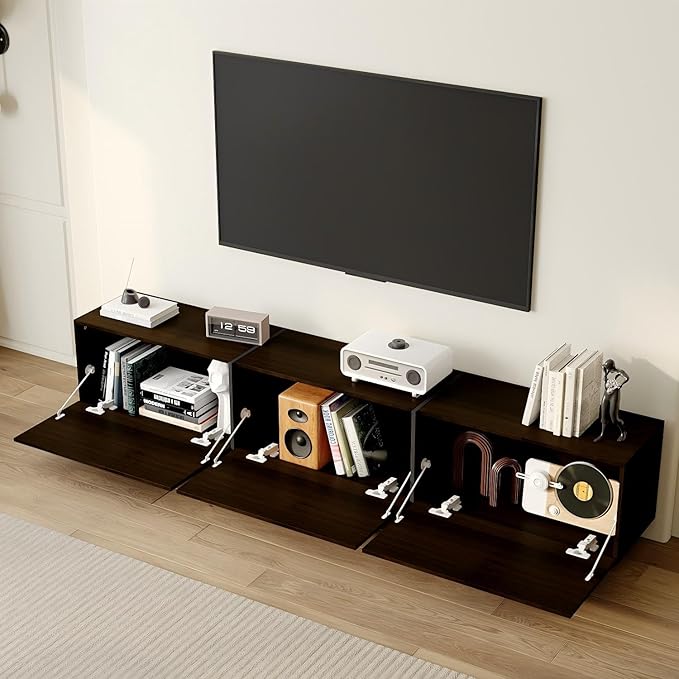 71.7 Inch TV Stand for TVs Up to 80 Modern Entertainment Center with 3 Compartments Flip Down Doors and T-Shape Legs Long Media Console Living Room Black Brown