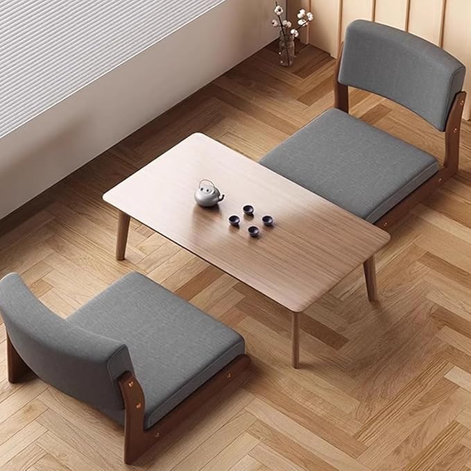 Floor Chair with Back Support Legless Wooden Tatami for Bay Window Living Room Bedroom Tea House Accent Japanese Style Seat with Thick Cushion