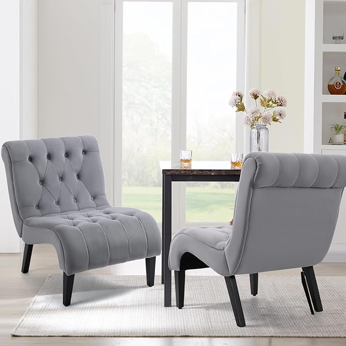 AVAWING Armless Accent Chair Set of 2 Upholstered Button Tufted Living Room Chairs with Wood Legs Comfy Frosted Velvet Lounge Chair Reading Chair for Bedroom Grey