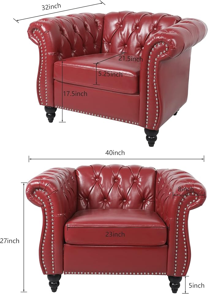 RARZOE PU Chesterfield Chairs Chesterfield Faux Leather Club Chair Chesterfield Button Tufted Leather Accent Chair with Nailhead Trim Scrolled Arms for Living Room Bedroom Office Burgundy
