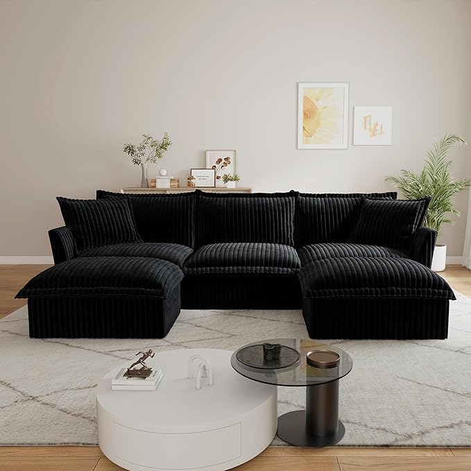 120 Inch 3-Seater Oversized Sectional Sofa with 2 Ottomans - Wide Deep Seat Removable Washable Corduroy Fabric for Living RoomBlack