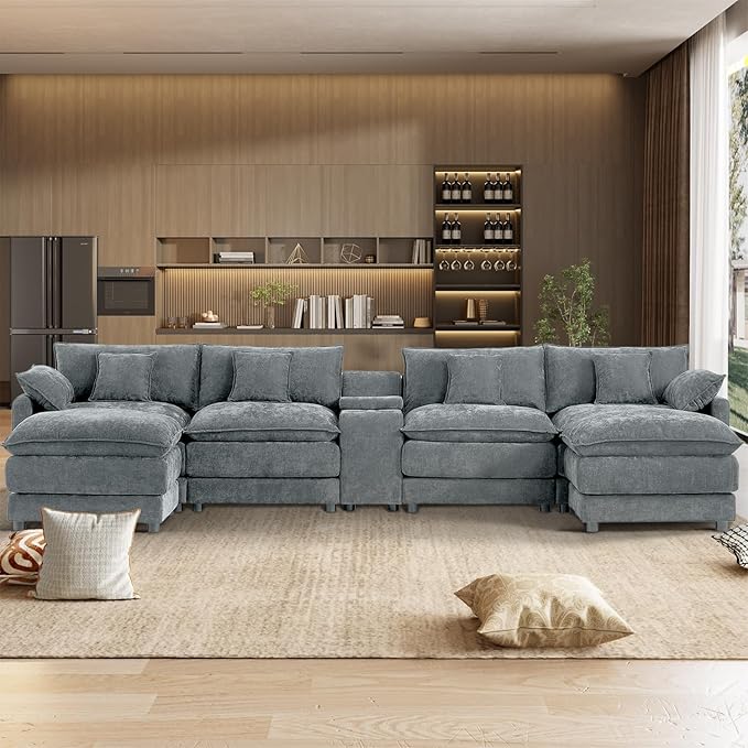 163 Oversized U Shaped Cloud Couch Modular Sectional Sofa 6 Seat Sofa Set for Living Room Comfy Fluffy Chenille Deep Seat with Movable Ottoman Storage Central Console USB Ports Cup Holders Grey