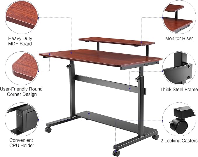 It's_Organized Height Adjustable Portable Computer Desk41''Rolling Laptop Desk Mobile Standing Desk with Monitor Shelf &amp HutchTeak