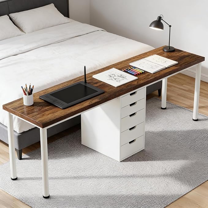 79 2 Person Desk with Drawers Double Computer Desk with Storage Cabinet Large Writing Home Office Desks Wood Two Person Desk with Metal Legs for Study Gaming