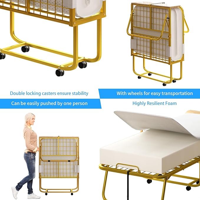 PUREMIND Folding Bed with 5' Mattress &amp Baffles Twin Size 75”x 38” Portable Rollaway Beds for Adults Fold up Bed with Metal Frame Space-Saving Guest Beds for Living Room/Apartment/Office